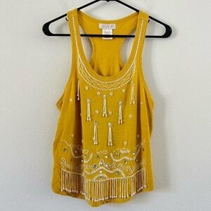 LaRock Bejeweled Beaded Sequin Art Deco Yellow Racerback Tank Top Medium